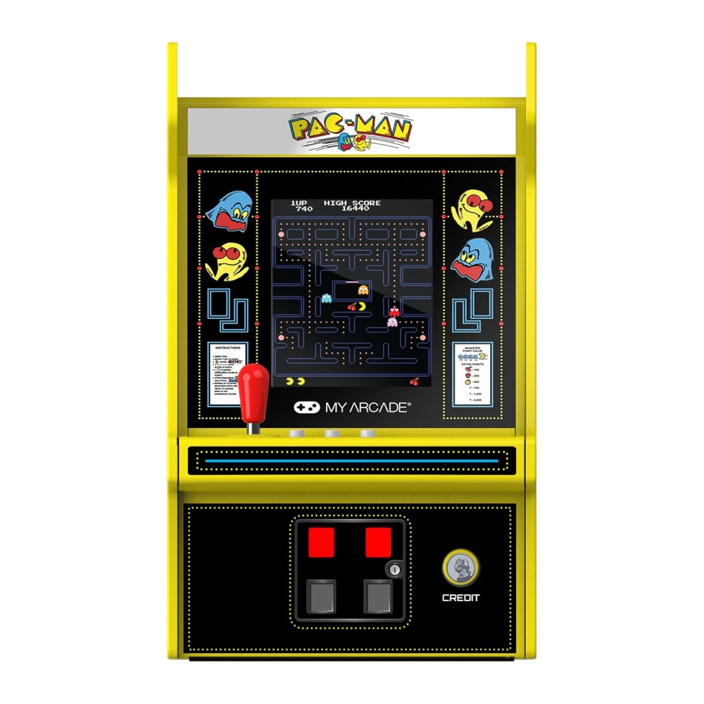Mini consola verticala Pac-Man™ARCADE1UP, Micro Player Pro 6.7'', grafica originala, display color 2.75 inch, iluminare ajustabila, compacta si portabila, difuzor extern, adaptor casti, potrivit pentru game rooms, ideala cadou, multicolor