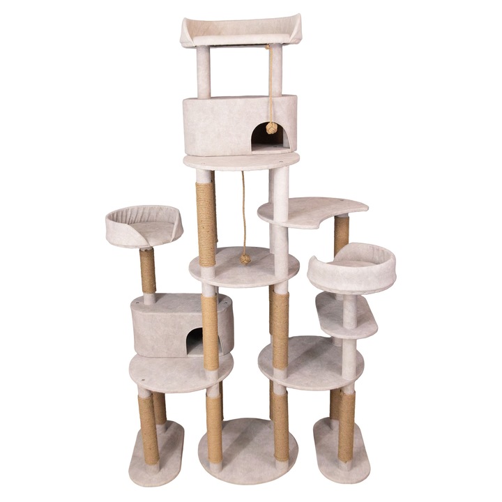 Ansamblu joaca Pisici, Alb Cenusiu, 215 cm Inaltime, Lucrat Manual, 9 Niveluri, Culcus cu Burete