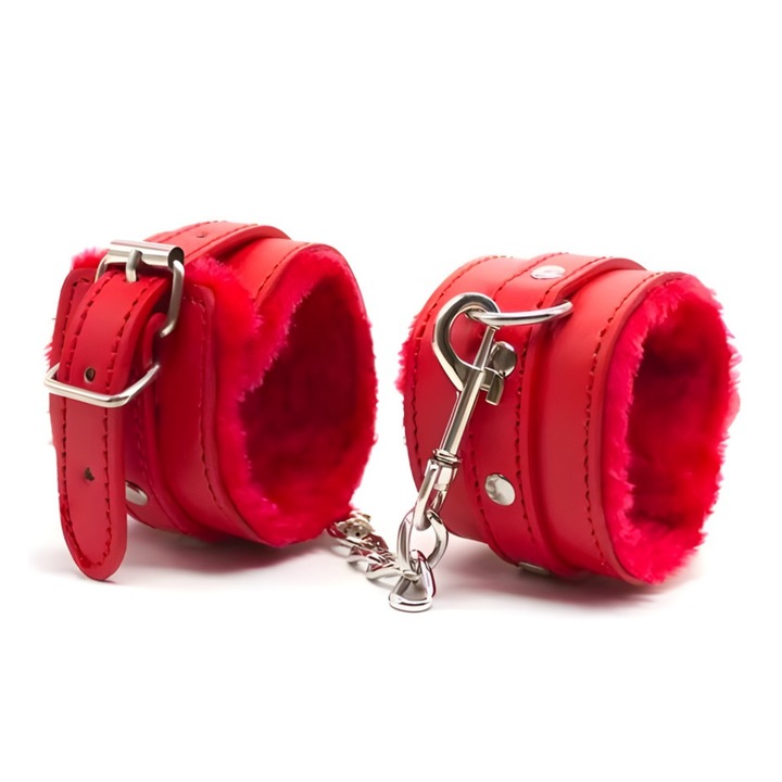 Еротични играчки, Регулируеми белезници за ръце и глезени, Интимен аксесоар за възрастни от PU кожа, Система за закрепване и ограничаване за двойки, Червени