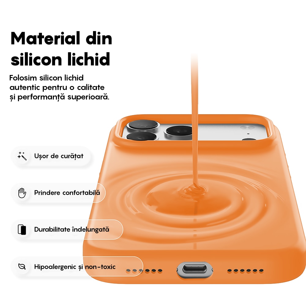 Husa CASEY STUDIOS™ pentru Apple iPhone 17 Pro Max, Soft Silicone Premium, Microfibra in Interior, de Protectie, Ultra Slim, pentru Incarcare Wireless, Margini Ridicate pentru Protectia Ecranului si a Camerelor, Nectarine
