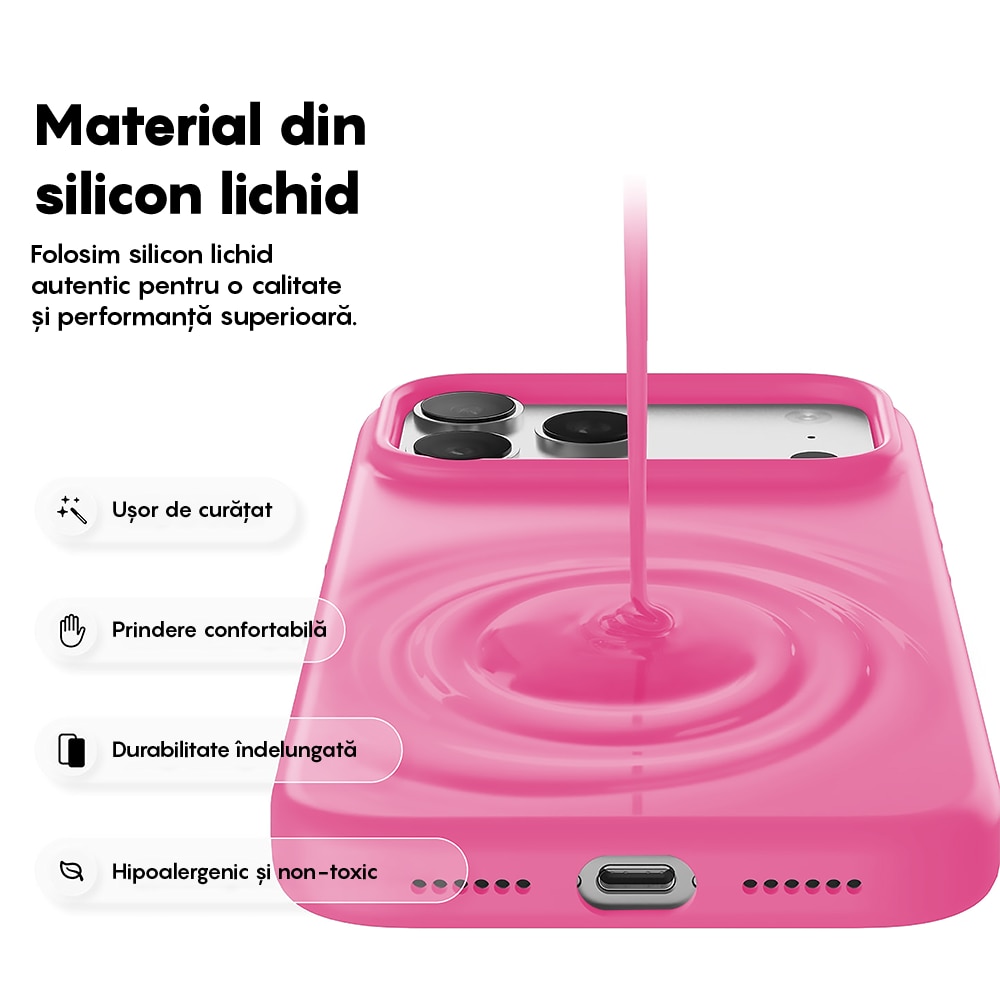 Husa CASEY STUDIOS™ pentru Apple iPhone 17 Pro Max, Soft Silicone Premium, Microfibra in Interior, de Protectie, Ultra Slim, pentru Incarcare Wireless, Margini Ridicate pentru Protectia Ecranului si a Camerelor, Fucsia