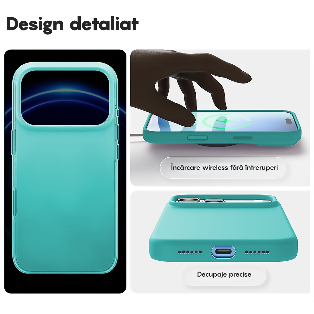 Husa CASEY STUDIOS™ pentru Apple iPhone 17 Pro Max, Soft Silicone Premium, Microfibra in Interior, de Protectie, Ultra Slim, pentru Incarcare Wireless, Margini Ridicate pentru Protectia Ecranului si a Camerelor, Turcoaz