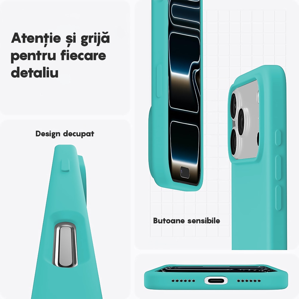 Husa CASEY STUDIOS™ pentru Apple iPhone 17 Pro Max, Soft Silicone Premium, Microfibra in Interior, de Protectie, Ultra Slim, pentru Incarcare Wireless, Margini Ridicate pentru Protectia Ecranului si a Camerelor, Turcoaz