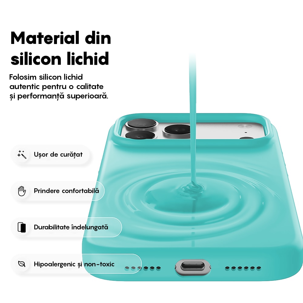 Husa CASEY STUDIOS™ pentru Apple iPhone 17 Pro Max, Soft Silicone Premium, Microfibra in Interior, de Protectie, Ultra Slim, pentru Incarcare Wireless, Margini Ridicate pentru Protectia Ecranului si a Camerelor, Turcoaz