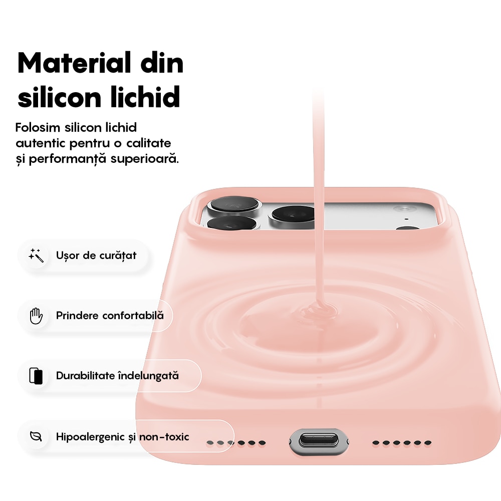 Husa CASEY STUDIOS™ pentru Apple iPhone 17 Pro, Soft Silicone Premium, Microfibra in Interior, de Protectie, Ultra Slim, pentru Incarcare Wireless, Margini Ridicate pentru Protectia Ecranului si a Camerelor, Roz nisipiu