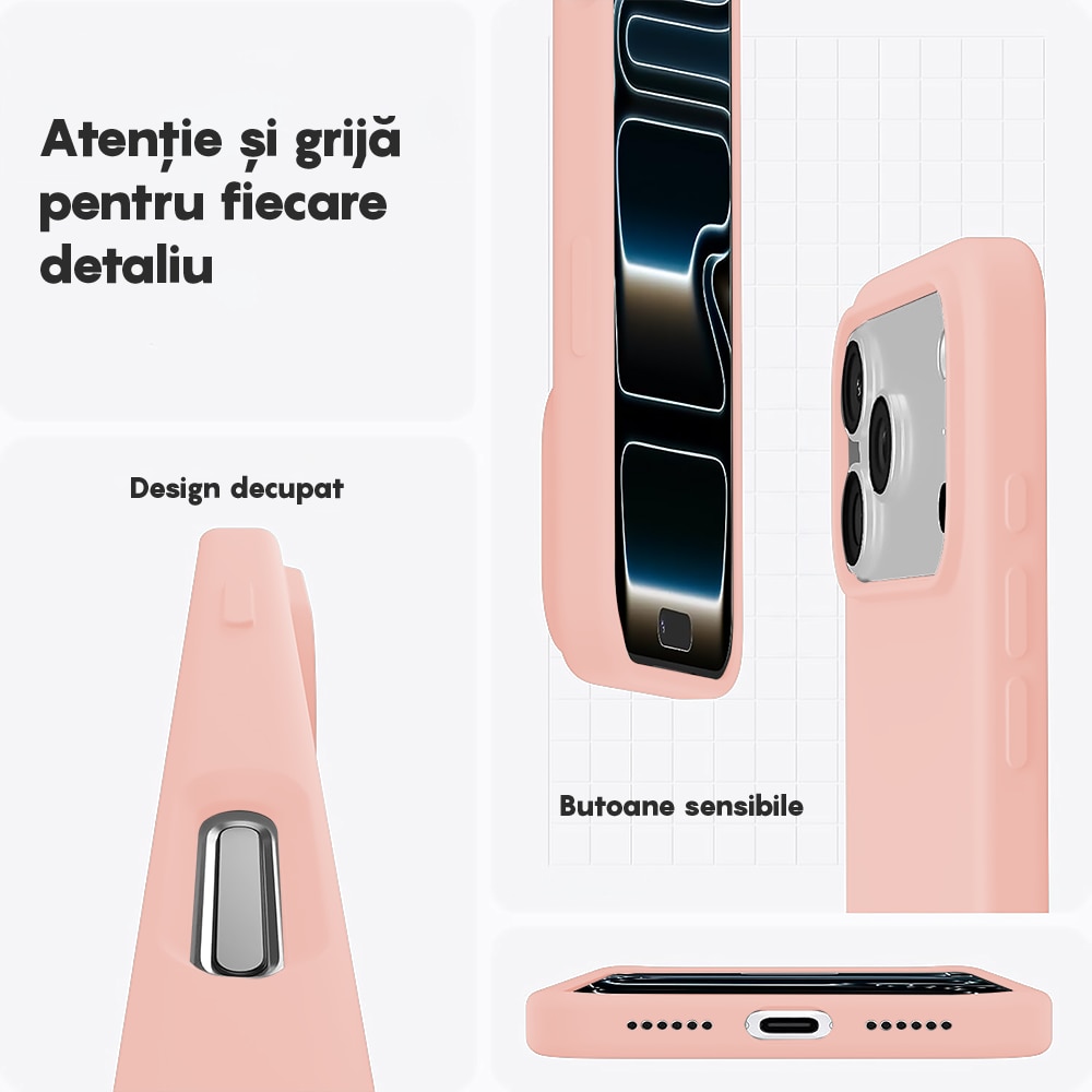 Husa CASEY STUDIOS™ pentru Apple iPhone 17 Pro, Soft Silicone Premium, Microfibra in Interior, de Protectie, Ultra Slim, pentru Incarcare Wireless, Margini Ridicate pentru Protectia Ecranului si a Camerelor, Roz nisipiu