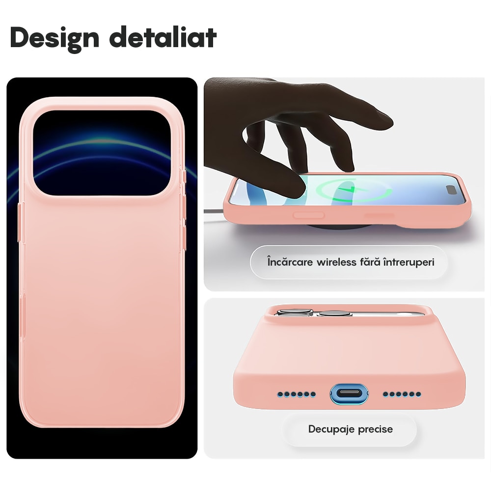 Husa CASEY STUDIOS™ pentru Apple iPhone 17 Pro, Soft Silicone Premium, Microfibra in Interior, de Protectie, Ultra Slim, pentru Incarcare Wireless, Margini Ridicate pentru Protectia Ecranului si a Camerelor, Roz nisipiu