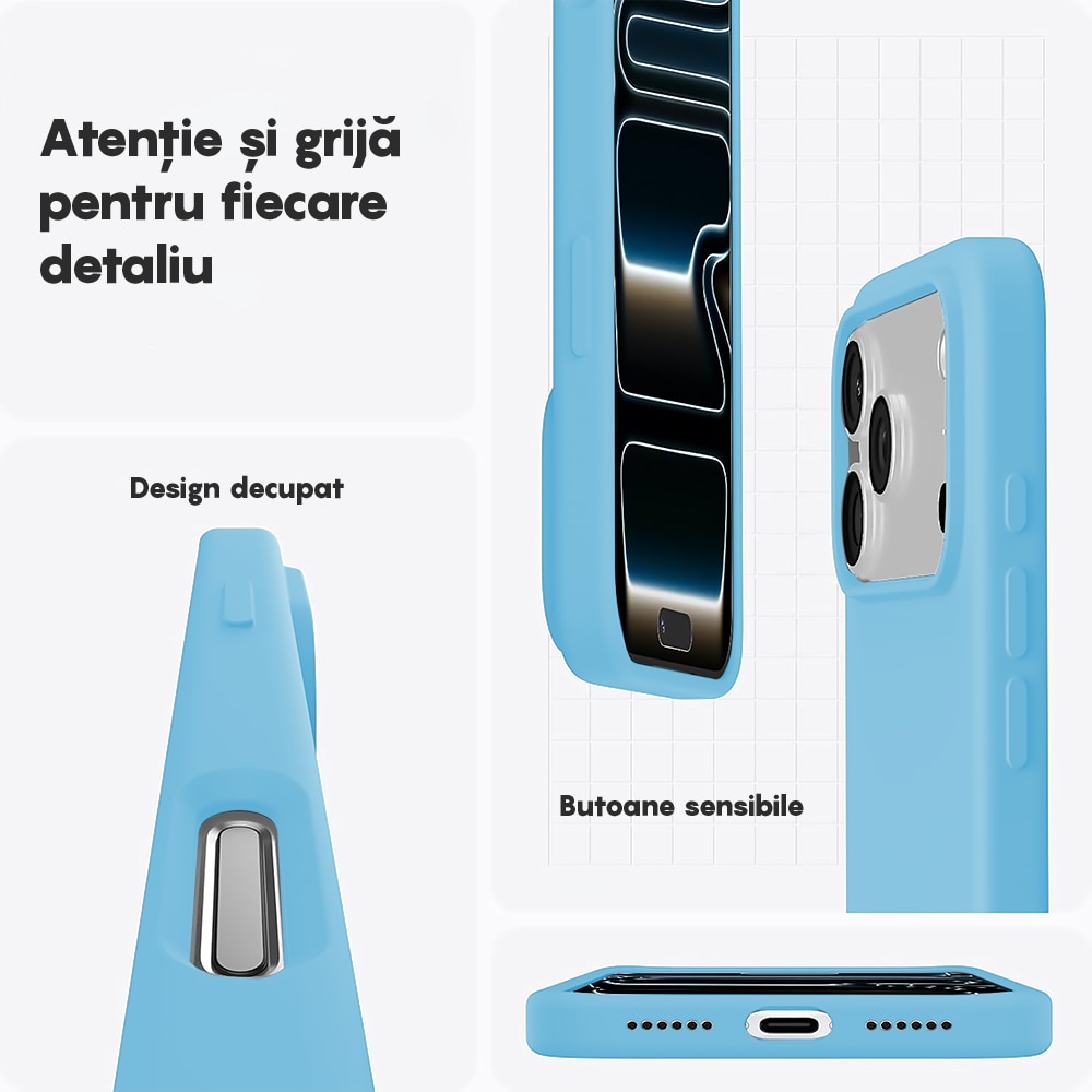 Husa CASEY STUDIOS™ pentru Apple iPhone 17 Pro Max, Soft Silicone Premium, Microfibra in Interior, de Protectie, Ultra Slim, pentru Incarcare Wireless, Margini Ridicate pentru Protectia Ecranului si a Camerelor, Albastru deschis