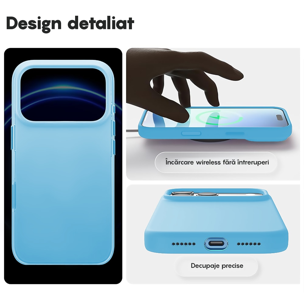 Husa CASEY STUDIOS™ pentru Apple iPhone 17 Pro Max, Soft Silicone Premium, Microfibra in Interior, de Protectie, Ultra Slim, pentru Incarcare Wireless, Margini Ridicate pentru Protectia Ecranului si a Camerelor, Albastru deschis