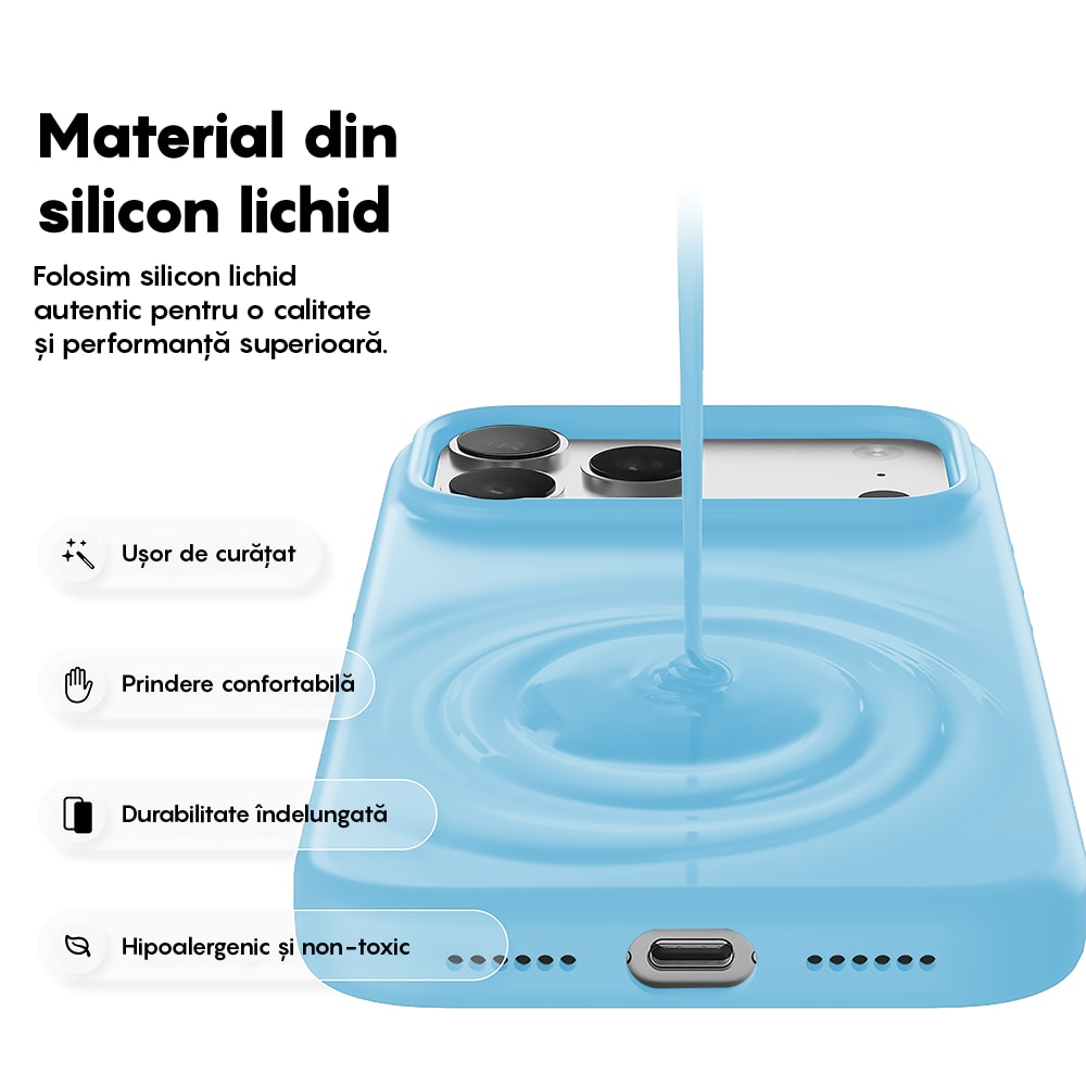 Husa CASEY STUDIOS™ pentru Apple iPhone 17 Pro Max, Soft Silicone Premium, Microfibra in Interior, de Protectie, Ultra Slim, pentru Incarcare Wireless, Margini Ridicate pentru Protectia Ecranului si a Camerelor, Albastru deschis