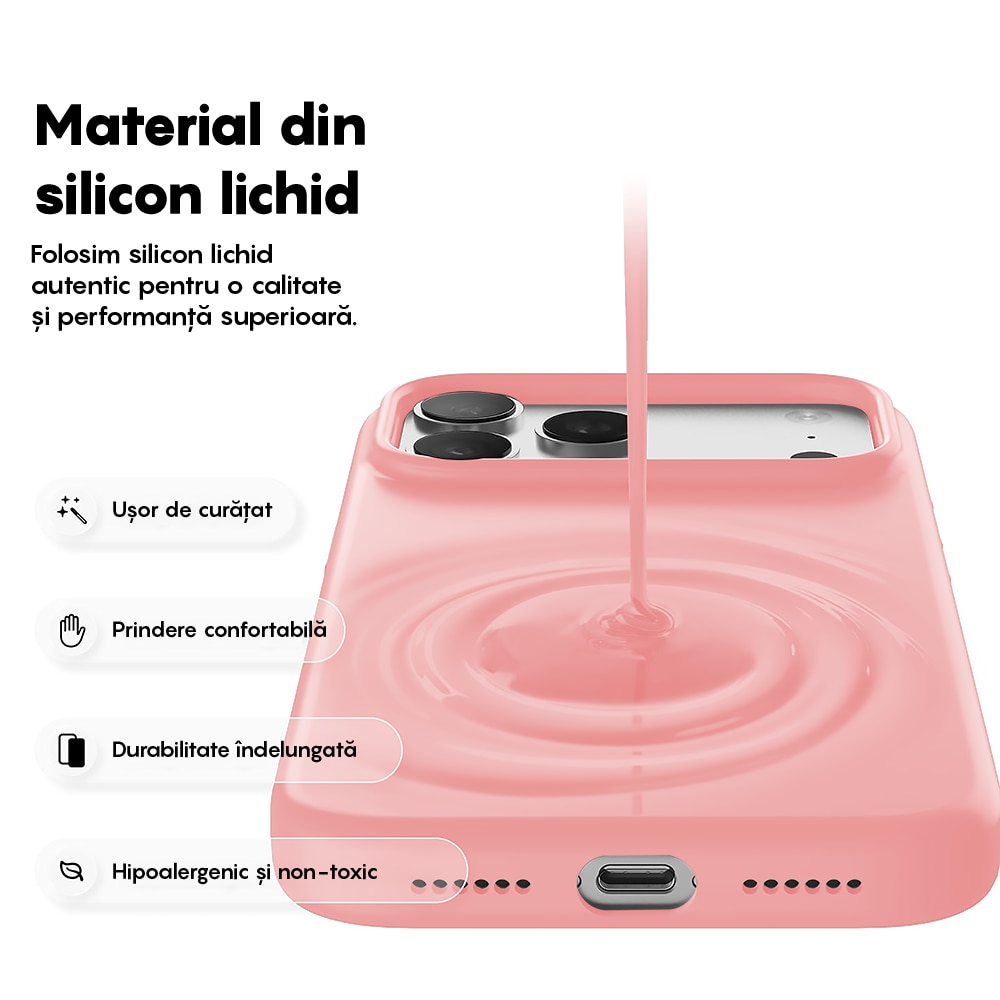 Husa CASEY STUDIOS™ pentru Apple iPhone 17 Pro Max, Soft Silicone Premium, Microfibra in Interior, de Protectie, Ultra Slim, pentru Incarcare Wireless, Margini Ridicate pentru Protectia Ecranului si a Camerelor, Roz