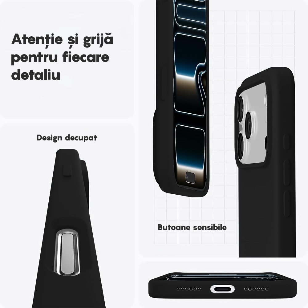 Husa CASEY STUDIOS™ pentru Apple iPhone 17 Pro Max, Soft Silicone Premium, Microfibra in Interior, de Protectie, Ultra Slim, pentru Incarcare Wireless, Margini Ridicate pentru Protectia Ecranului si a Camerelor, Negru