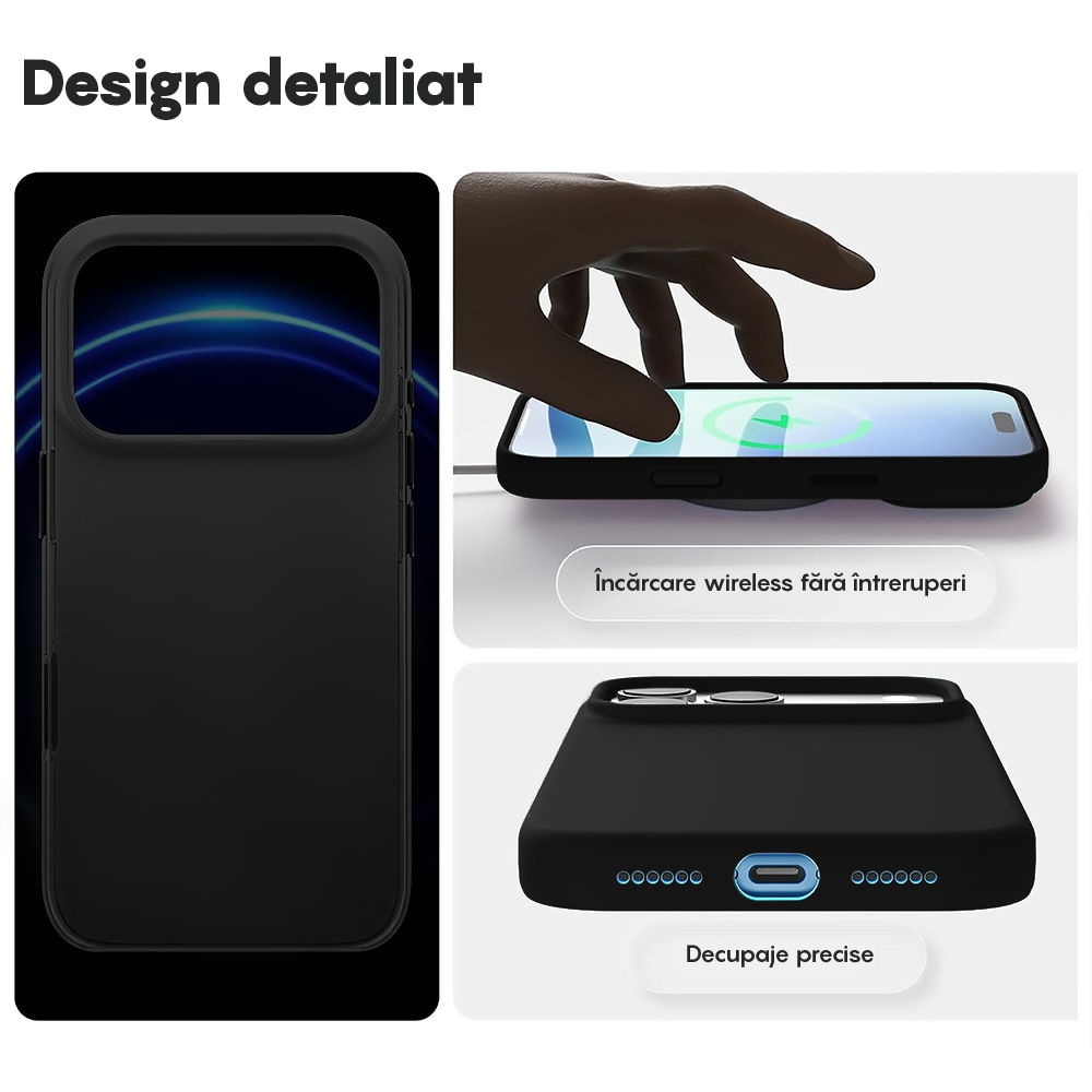 Husa CASEY STUDIOS™ pentru Apple iPhone 17 Pro Max, Soft Silicone Premium, Microfibra in Interior, de Protectie, Ultra Slim, pentru Incarcare Wireless, Margini Ridicate pentru Protectia Ecranului si a Camerelor, Negru