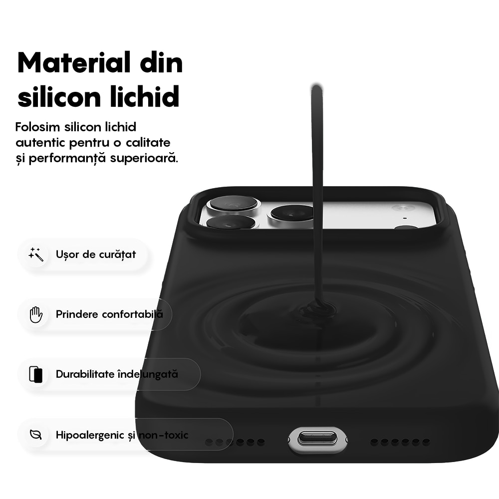 Husa CASEY STUDIOS™ pentru Apple iPhone 17 Pro Max, Soft Silicone Premium, Microfibra in Interior, de Protectie, Ultra Slim, pentru Incarcare Wireless, Margini Ridicate pentru Protectia Ecranului si a Camerelor, Negru