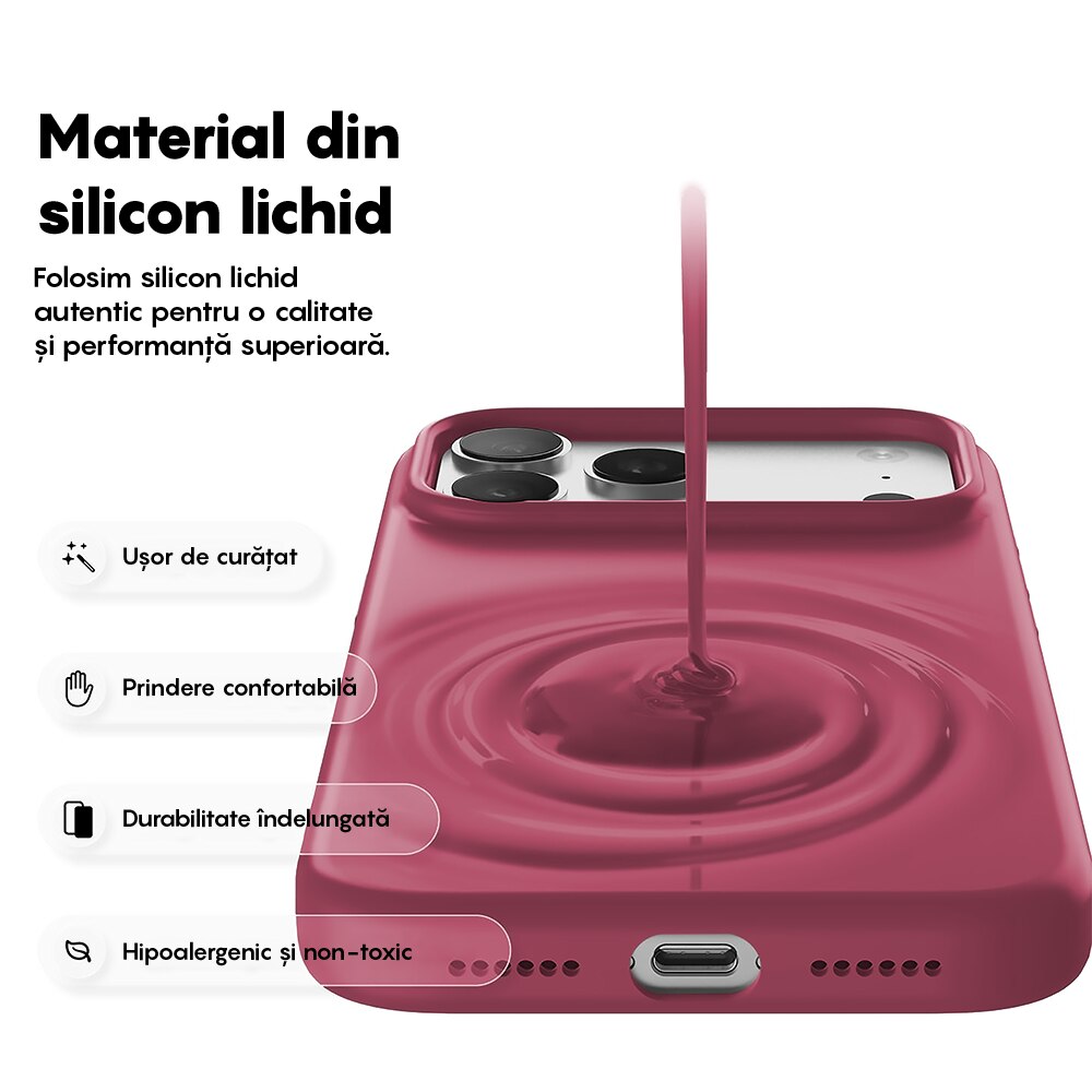 Husa CASEY STUDIOS™ pentru Apple iPhone 17 Pro Max, Soft Silicone Premium, Microfibra in Interior, de Protectie, Ultra Slim, pentru Incarcare Wireless, Margini Ridicate pentru Protectia Ecranului si a Camerelor, Bordeaux