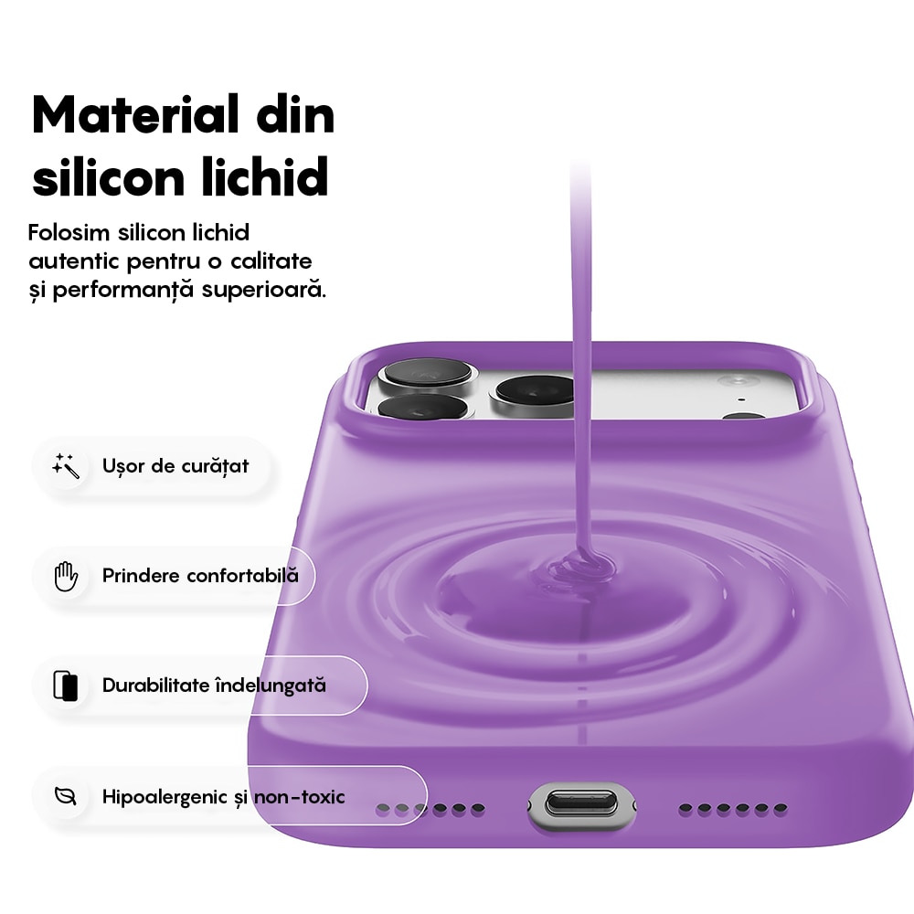 Husa CASEY STUDIOS™ pentru Apple iPhone 17 Pro Max, Soft Silicone Premium, Microfibra in Interior, de Protectie, Ultra Slim, pentru Incarcare Wireless, Margini Ridicate pentru Protectia Ecranului si a Camerelor, Mov deschis