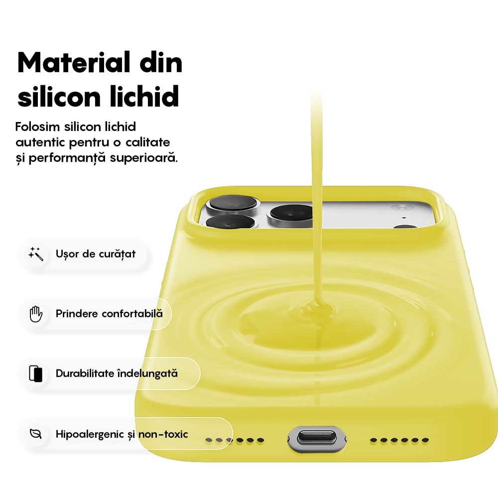 Husa CASEY STUDIOS™ pentru Apple iPhone 17 Pro, Soft Silicone Premium, Microfibra in Interior, de Protectie, Ultra Slim, pentru Incarcare Wireless, Margini Ridicate pentru Protectia Ecranului si a Camerelor, Galben
