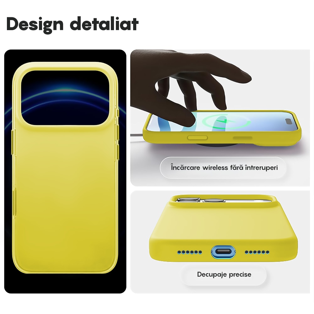 Husa CASEY STUDIOS™ pentru Apple iPhone 17 Pro, Soft Silicone Premium, Microfibra in Interior, de Protectie, Ultra Slim, pentru Incarcare Wireless, Margini Ridicate pentru Protectia Ecranului si a Camerelor, Galben