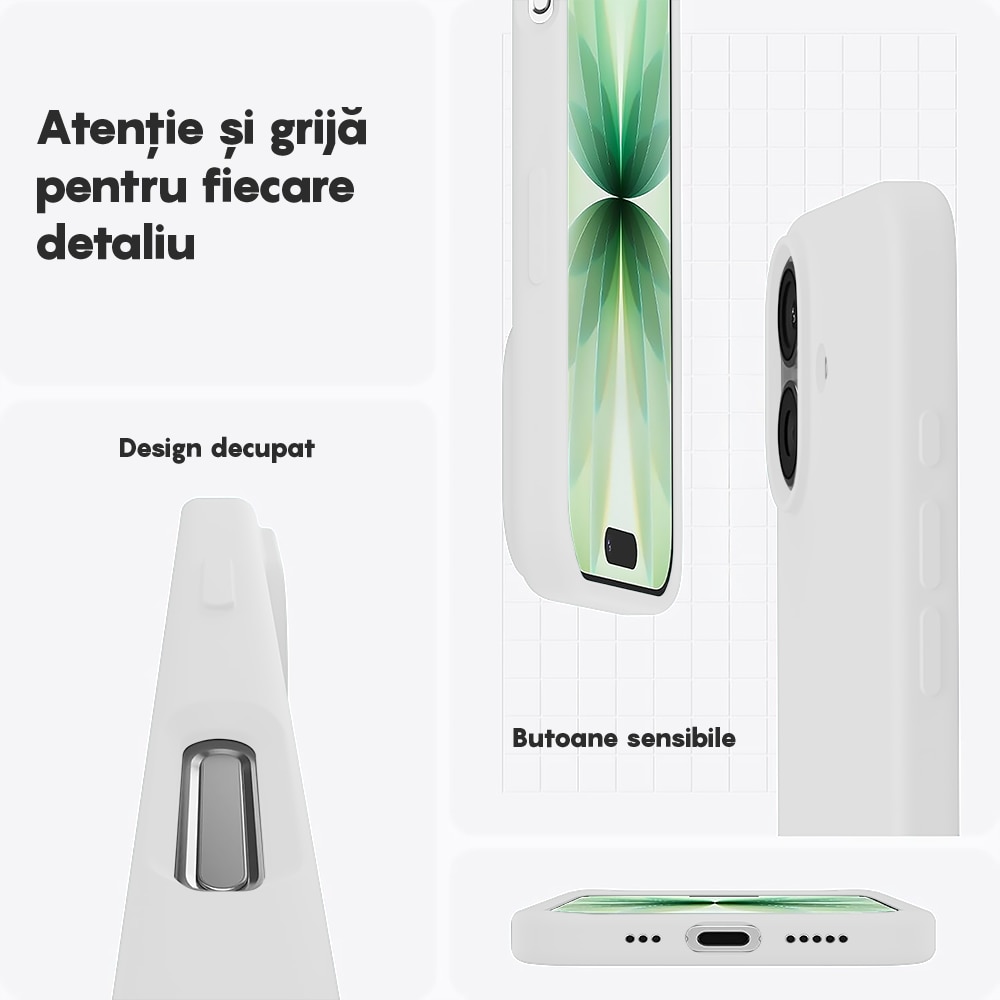 Husa CASEY STUDIOS™ pentru Apple iPhone 17, Soft Silicone Premium, Microfibra in Interior, de Protectie, Ultra Slim, pentru Incarcare Wireless, Margini Ridicate pentru Protectia Ecranului si a Camerelor, Alb