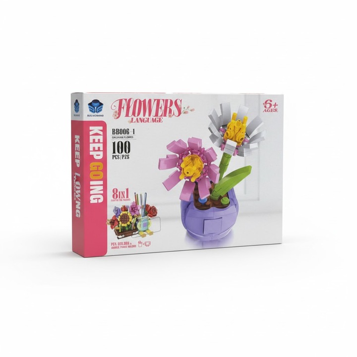 Set Joc De Constructie Flori In Ghiveci, 100 Piese, Model Flowers Language Roz Si Alb, Varsta 6 Plus Ani