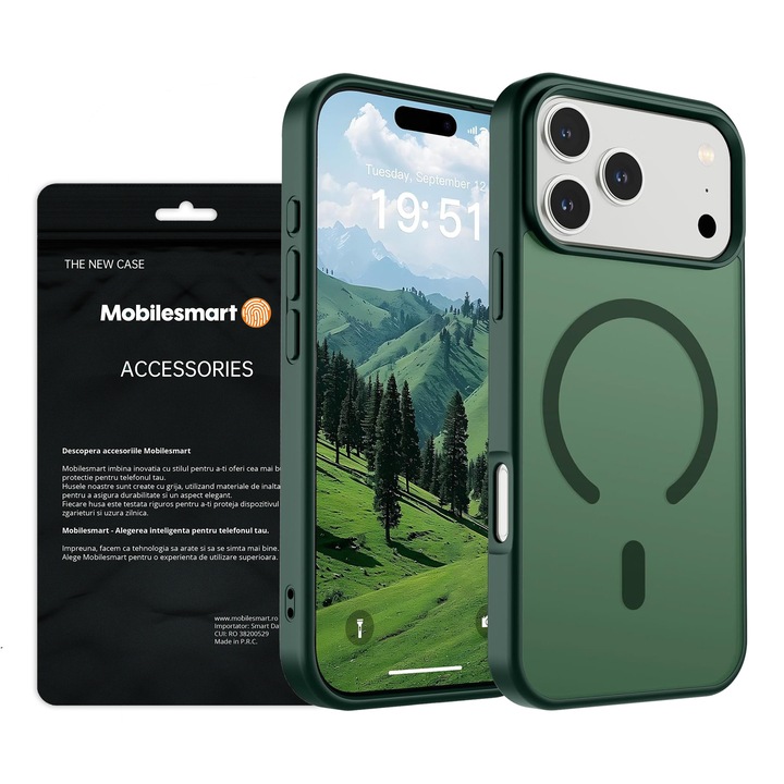 Husa pentru iPhone 17 Pro Max, MobileSmart, MagSafe, Spate Mat Semitransparent, Protectie Camera, Antisoc, Verde