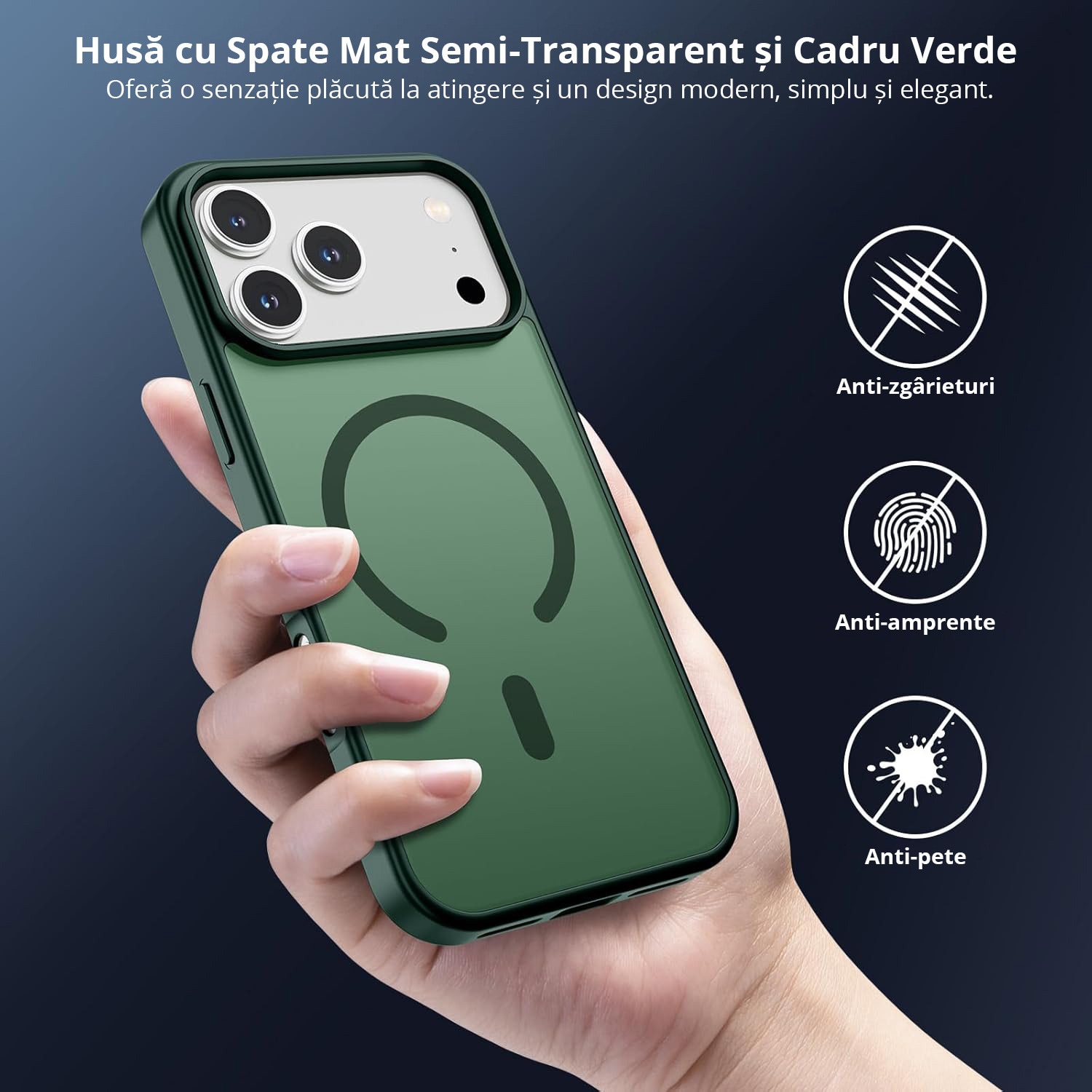 Husa pentru iPhone 17 Pro, MobileSmart, MagSafe, Spate Mat Semitransparent, Protectie Camera, Antisoc, Verde