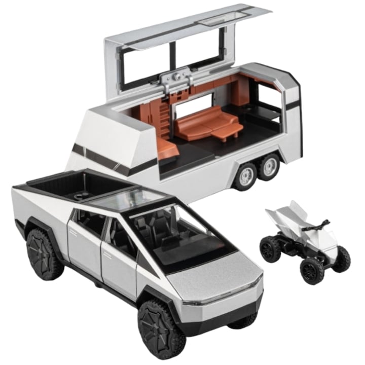 Tesla játékautó 1:32, MzcrJosv®, PullBack technológia, fém anyag, ATV-vel, lakókocsival, fénnyel és hanggal, 35 x 7 x 7.5 cm, mozgatható alkatrészek, díszítő, mozgatható kerekek, gyerekeknek és felnőtteknek, gyűjtőknek és játékhoz