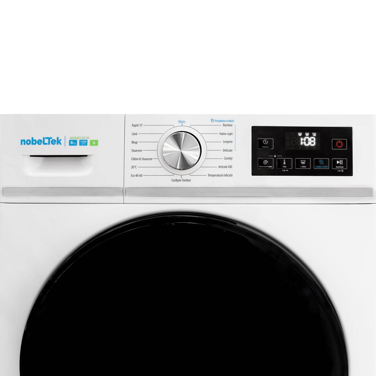 Masina de Spalat Rufe Frontala NobeLTek NWM812A-W 8KG 1200RPM Motor Inverter 16 Programe Functie Abur Clasa A Alb