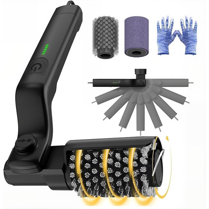 Perie electrica pentru gratar (cu manusi + cap de perie de schimb), YDCY™, reincarcabila wireless, rotatie la 360°, instrument de curatare a gratarului, accesoriu pentru gratar de exterior, cadou la alegere pentru gratar (negru)