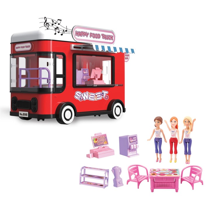 Rulota tip Food Truck cu 3 papusi, accesorii, multicolor, pentru fete
