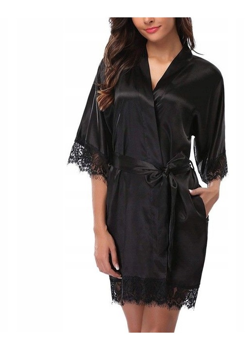 Halat Satinat Dama cu Dantela și Chilot Tanga, Negru, Lungime 80 cm, Marime Universala