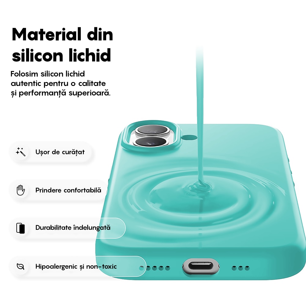 Husa CASEY STUDIOS™ pentru Apple iPhone 17, Soft Silicone Premium, Microfibra in Interior, de Protectie, Ultra Slim, pentru Incarcare Wireless, Margini Ridicate pentru Protectia Ecranului si a Camerelor, Turcoaz