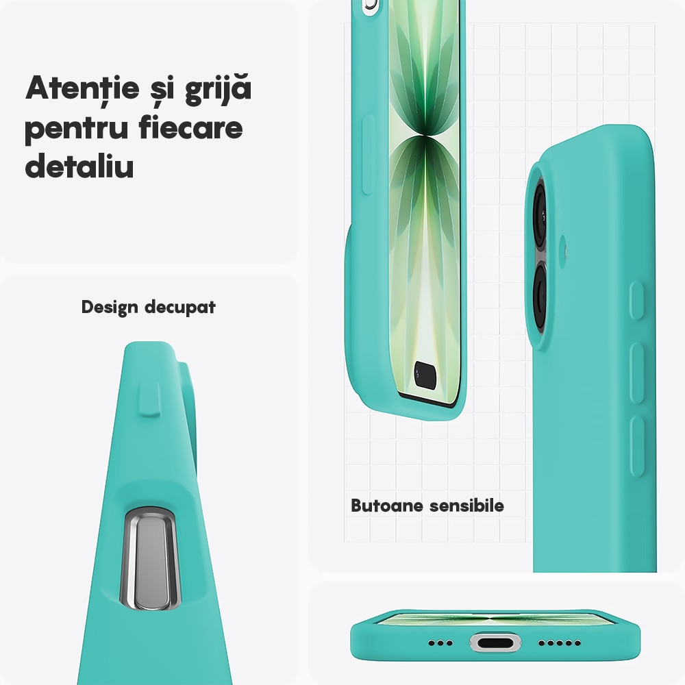 Husa CASEY STUDIOS™ pentru Apple iPhone 17, Soft Silicone Premium, Microfibra in Interior, de Protectie, Ultra Slim, pentru Incarcare Wireless, Margini Ridicate pentru Protectia Ecranului si a Camerelor, Turcoaz