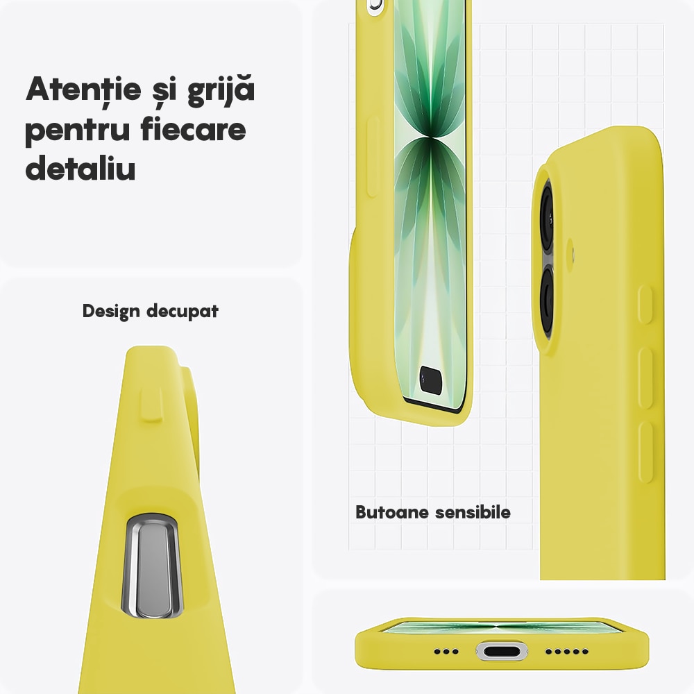 Husa CASEY STUDIOS™ pentru Apple iPhone 17, Soft Silicone Premium, Microfibra in Interior, de Protectie, Ultra Slim, pentru Incarcare Wireless, Margini Ridicate pentru Protectia Ecranului si a Camerelor, Galben