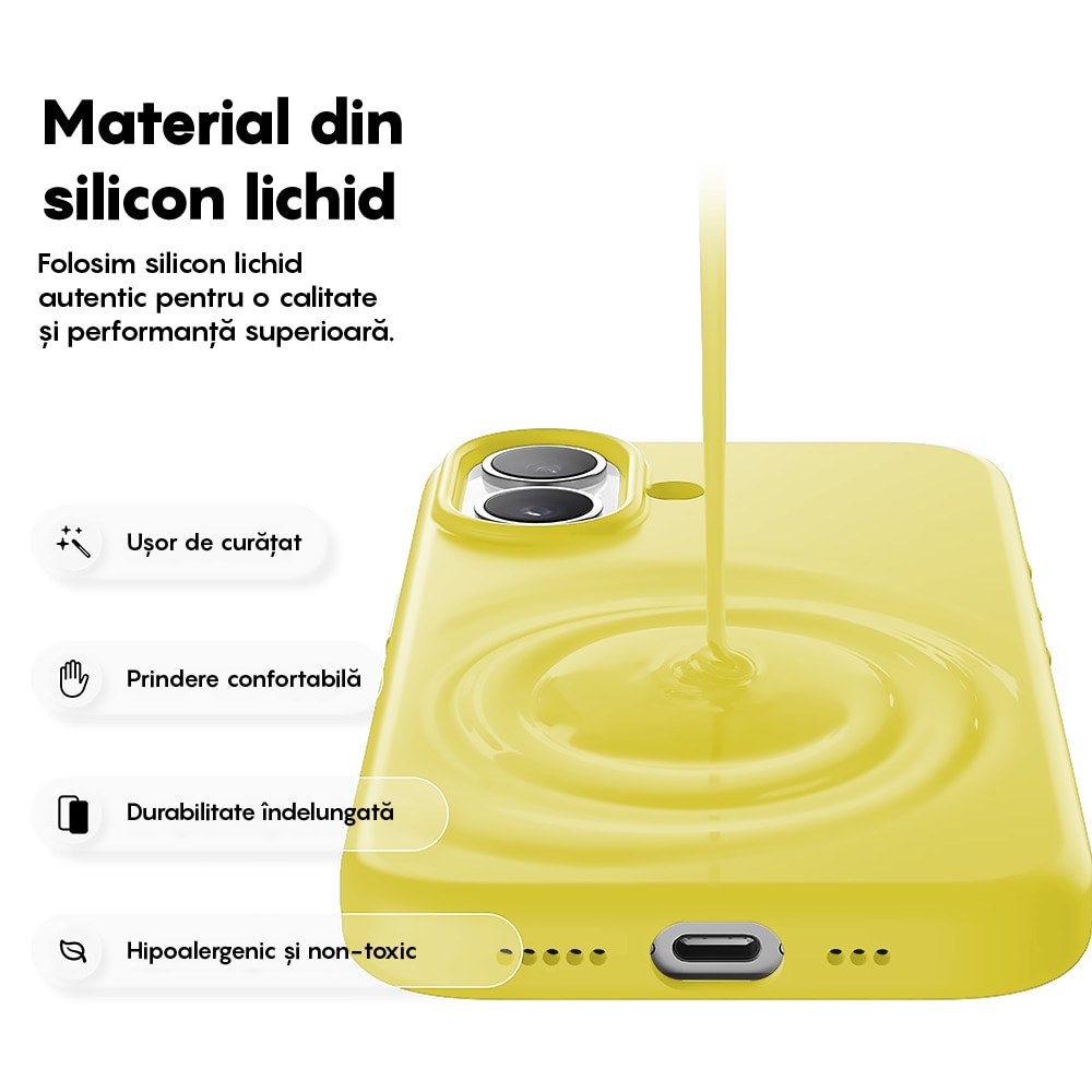 Husa CASEY STUDIOS™ pentru Apple iPhone 17, Soft Silicone Premium, Microfibra in Interior, de Protectie, Ultra Slim, pentru Incarcare Wireless, Margini Ridicate pentru Protectia Ecranului si a Camerelor, Galben