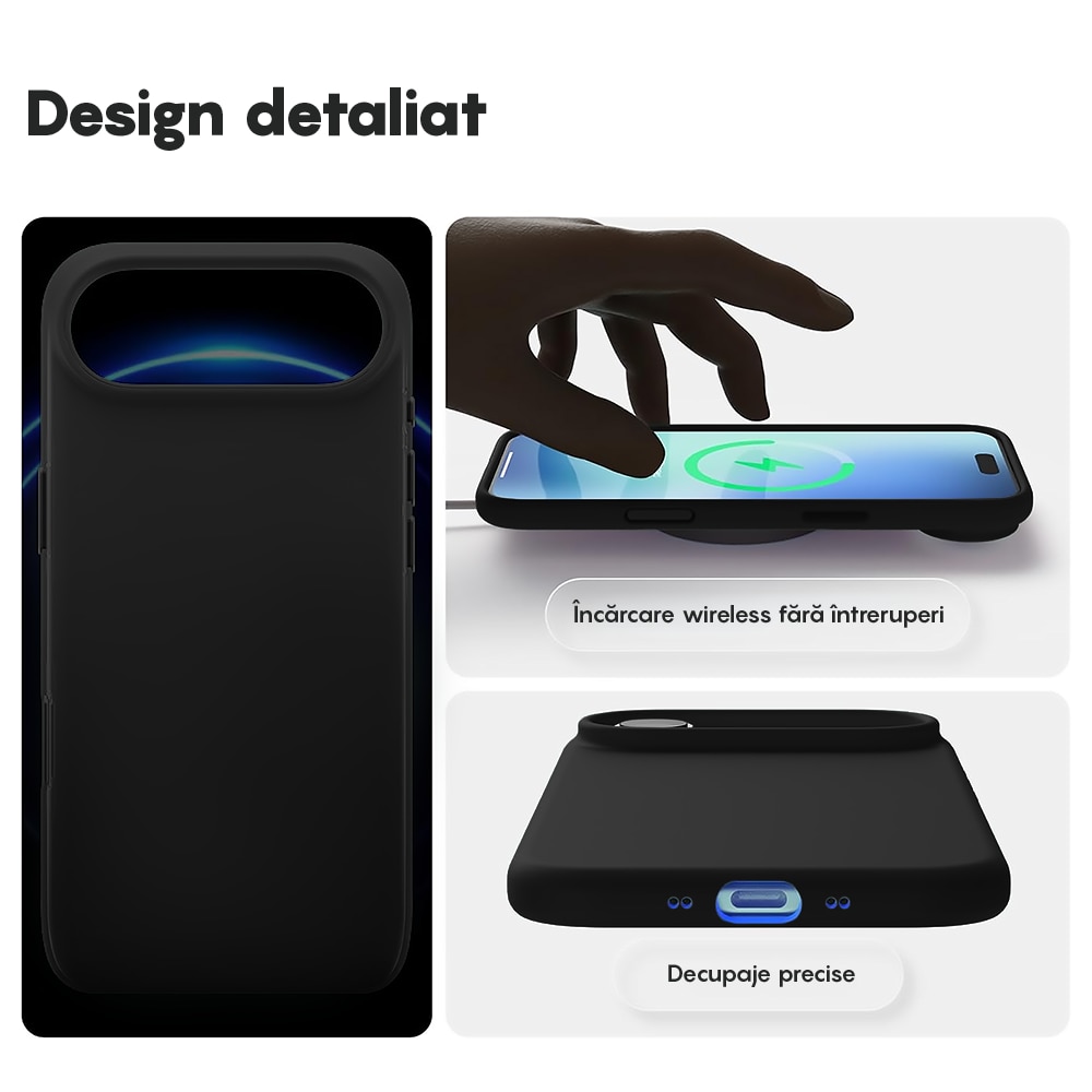Husa CASEY STUDIOS™ pentru Apple iPhone 17 Air, Soft Silicone Premium, Microfibra in Interior, de Protectie, Ultra Slim, pentru Incarcare Wireless, Margini Ridicate pentru Protectia Ecranului si a Camerelor, Negru