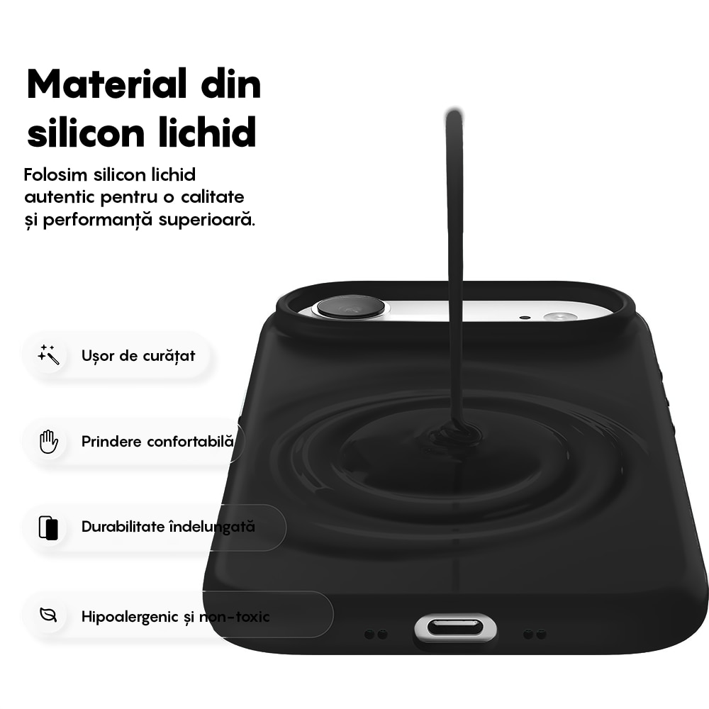 Husa CASEY STUDIOS™ pentru Apple iPhone 17 Air, Soft Silicone Premium, Microfibra in Interior, de Protectie, Ultra Slim, pentru Incarcare Wireless, Margini Ridicate pentru Protectia Ecranului si a Camerelor, Negru
