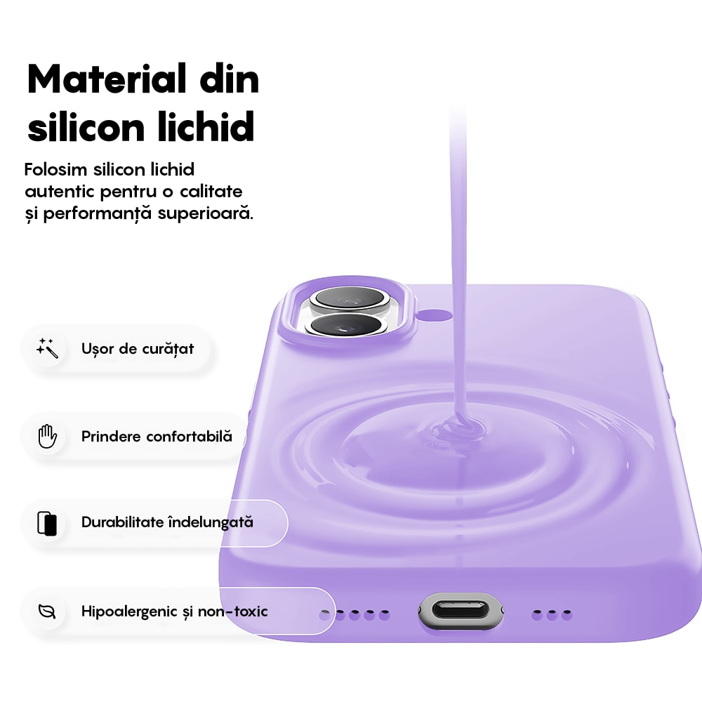 Husa CASEY STUDIOS™ pentru Apple iPhone 17, Soft Silicone Premium, Microfibra in Interior, de Protectie, Ultra Slim, pentru Incarcare Wireless, Margini Ridicate pentru Protectia Ecranului si a Camerelor, Mov liliachiu