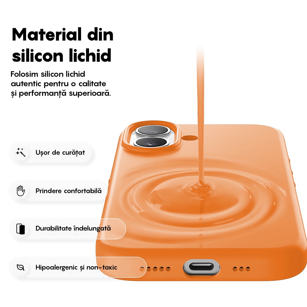 Husa CASEY STUDIOS™ pentru Apple iPhone 17, Soft Silicone Premium, Microfibra in Interior, de Protectie, Ultra Slim, pentru Incarcare Wireless, Margini Ridicate pentru Protectia Ecranului si a Camerelor, Nectarine