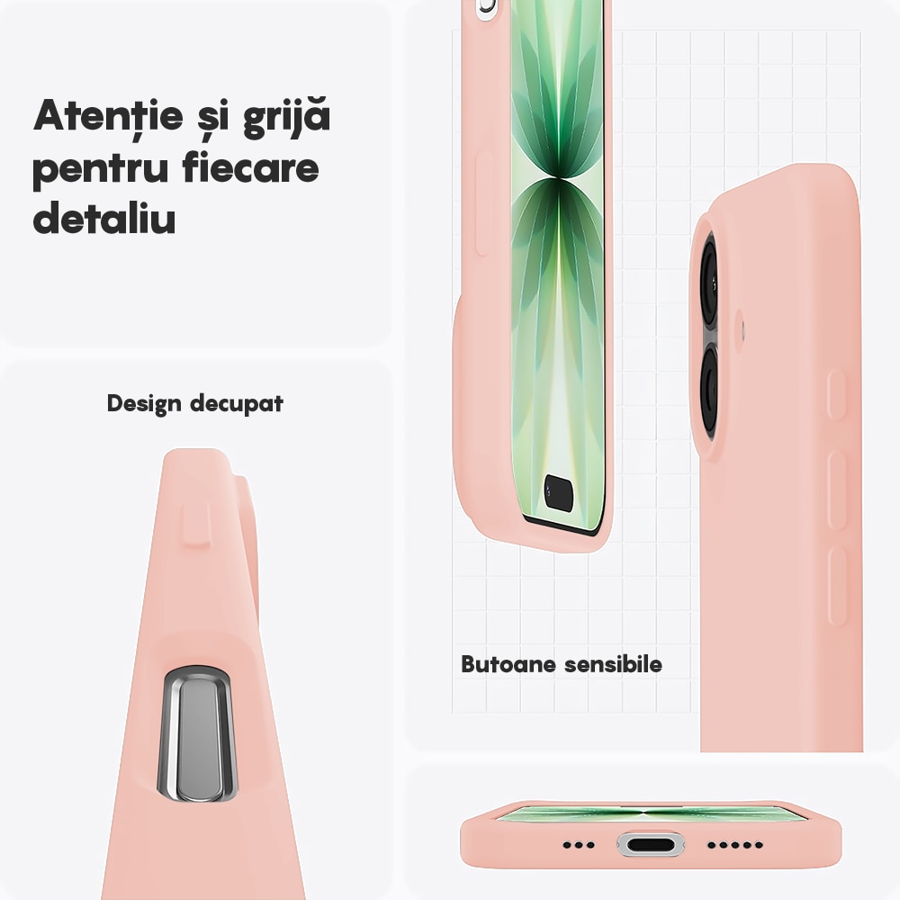 Husa CASEY STUDIOS™ pentru Apple iPhone 17, Soft Silicone Premium, Microfibra in Interior, de Protectie, Ultra Slim, pentru Incarcare Wireless, Margini Ridicate pentru Protectia Ecranului si a Camerelor, Roz nisipiu