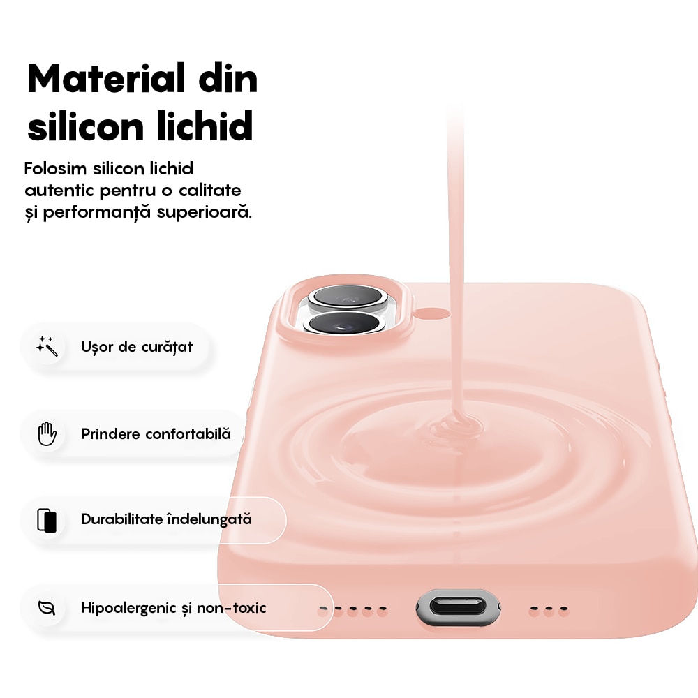 Husa CASEY STUDIOS™ pentru Apple iPhone 17, Soft Silicone Premium, Microfibra in Interior, de Protectie, Ultra Slim, pentru Incarcare Wireless, Margini Ridicate pentru Protectia Ecranului si a Camerelor, Roz nisipiu