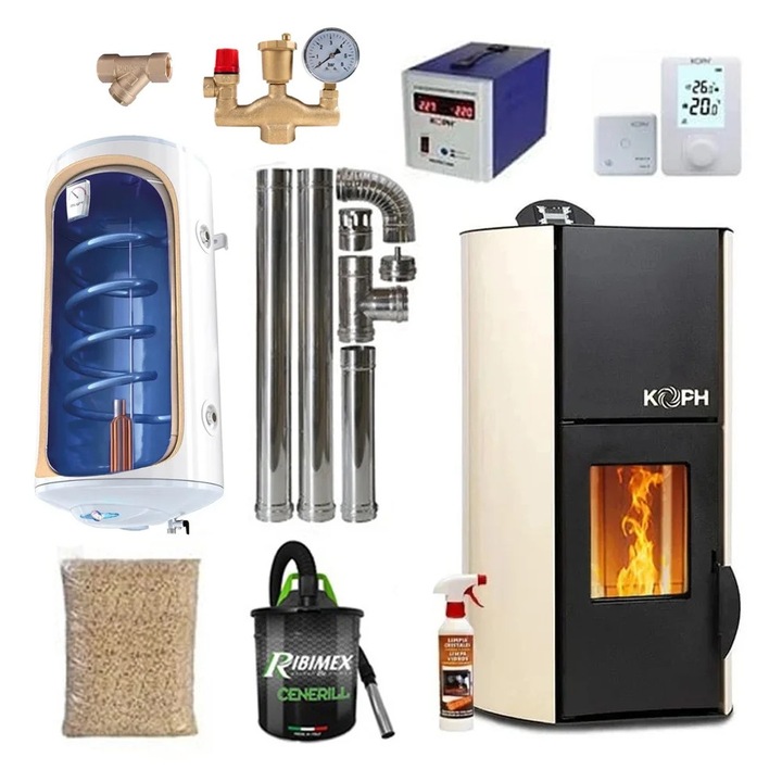 Pachet termosemineu pe peleti KOPH PM 12 kW, 80 mp, buncar peleti 12 kg, diametru cos fum ⌀80 mm, pompa recirculare si vas expansiune incorporate, Crem, Grup siguranta, Filtru Y si Boiler termoelectric Tesy 80 litri