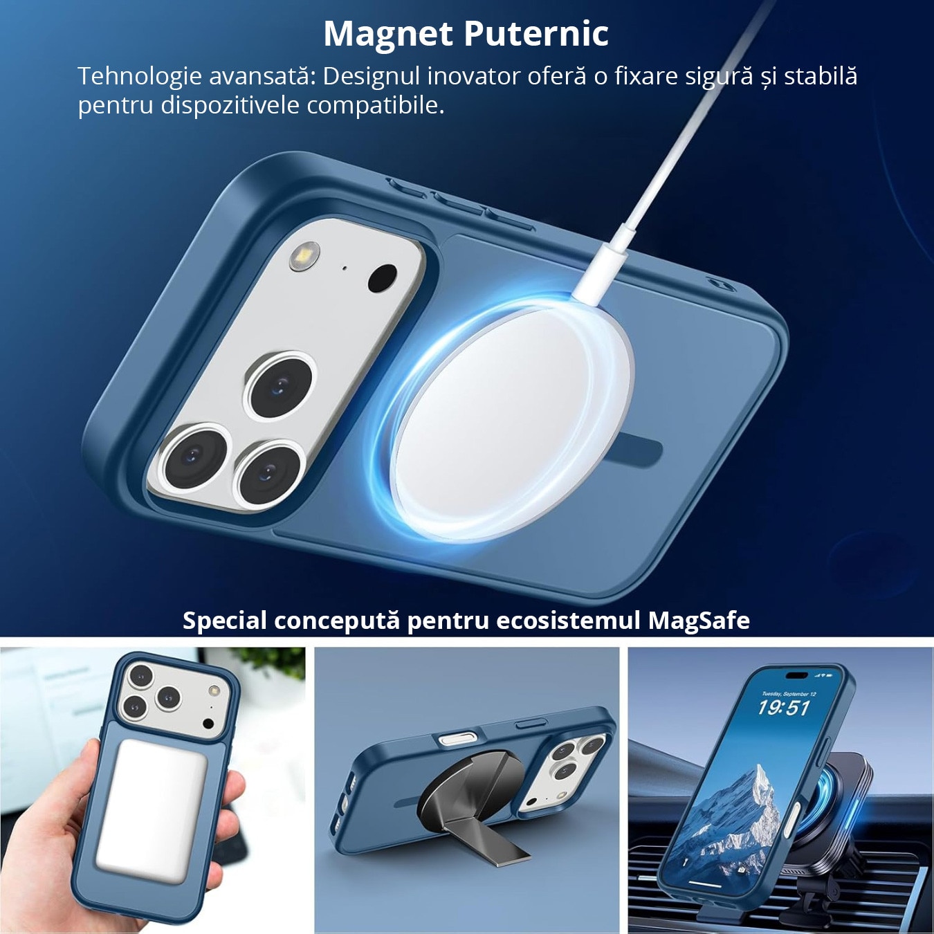 Husa pentru iPhone 17 Pro, MobileSmart, MagSafe, Spate Mat Semitransparent, Protectie Camera, Antisoc, Albastru