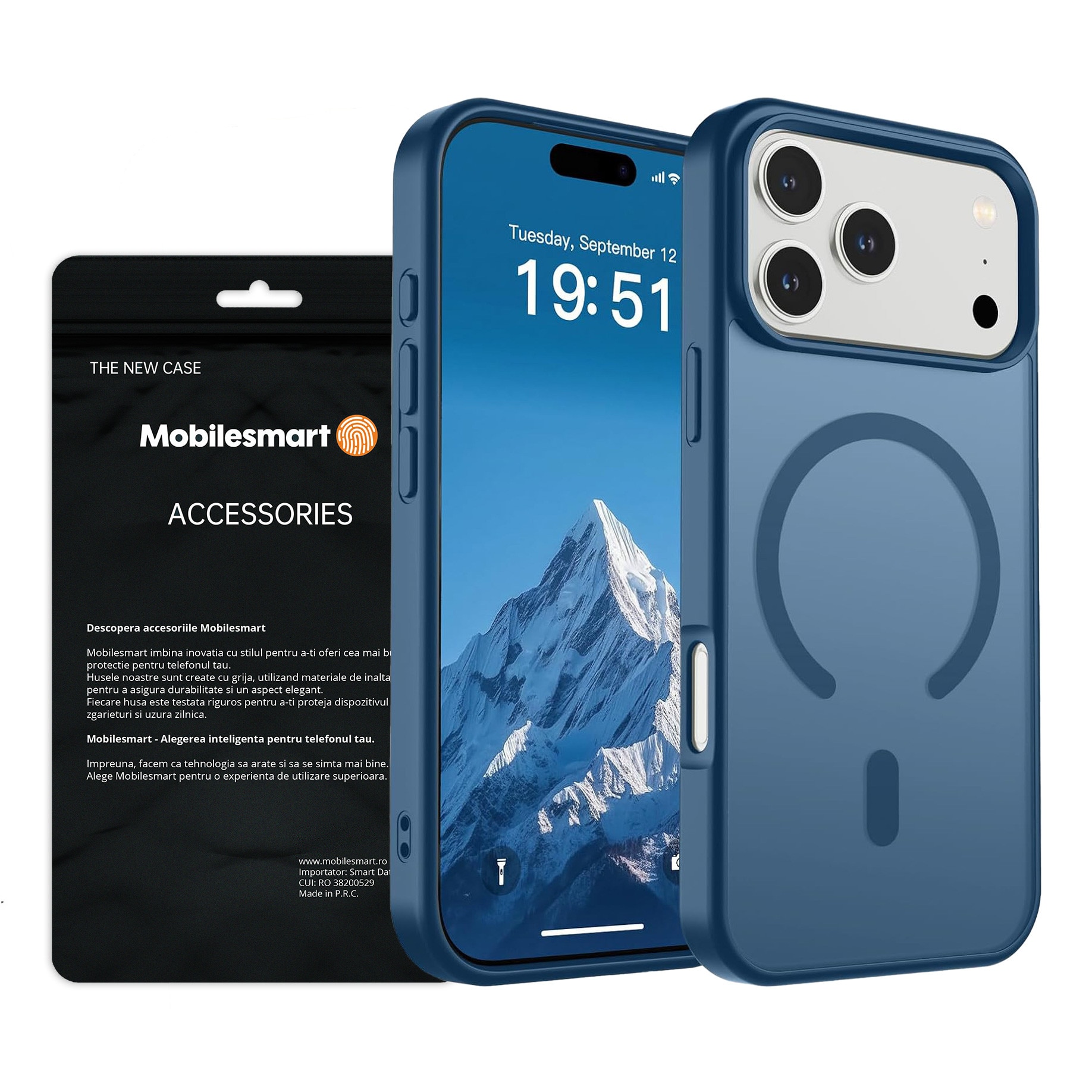 Husa pentru iPhone 17 Pro, MobileSmart, MagSafe, Spate Mat Semitransparent, Protectie Camera, Antisoc, Albastru