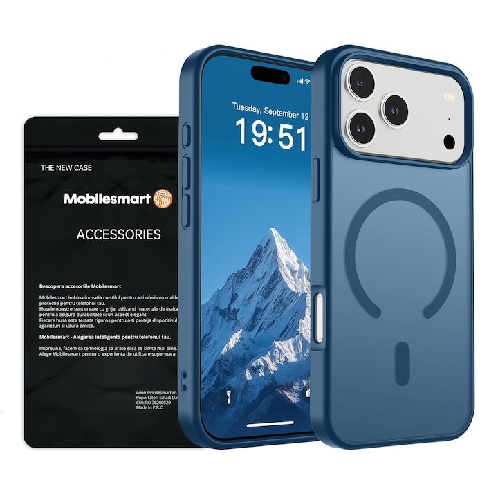 Husa pentru iPhone 17 Pro Max, MobileSmart, MagSafe, Spate Mat Semitransparent, Protectie Camera, Antisoc, Blue