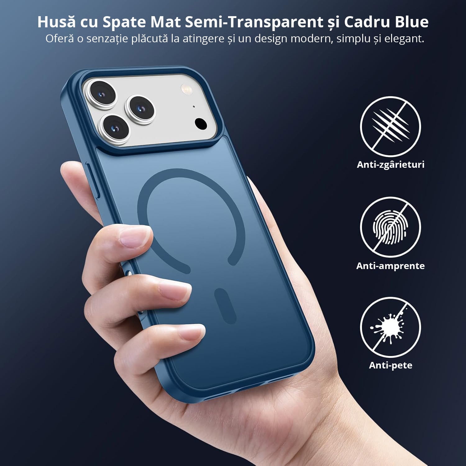 Husa pentru iPhone 17 Pro, MobileSmart, MagSafe, Spate Mat Semitransparent, Protectie Camera, Antisoc, Albastru