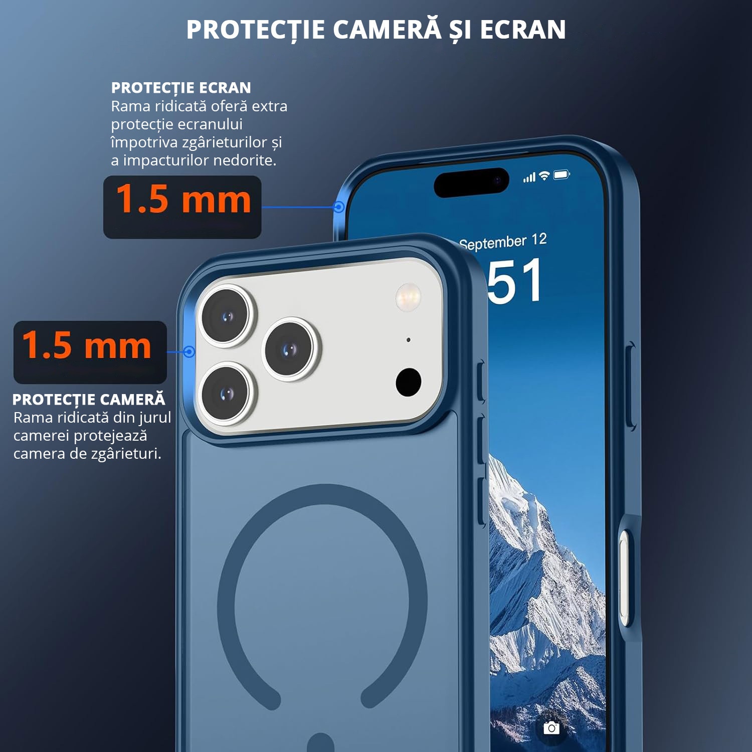 Husa pentru iPhone 17 Pro, MobileSmart, MagSafe, Spate Mat Semitransparent, Protectie Camera, Antisoc, Albastru