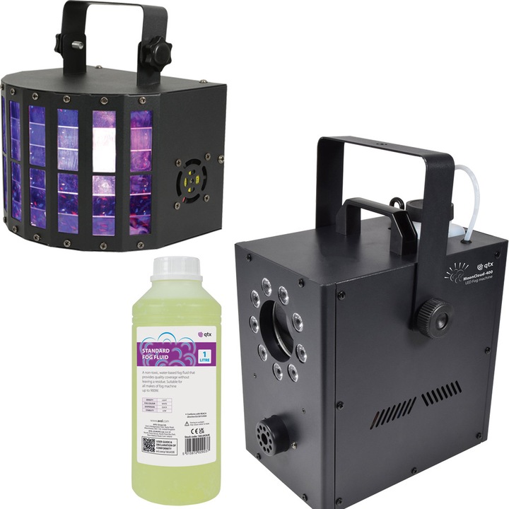 Set Jocuri lumini Disco QTX, 2 efecte luminoase, masina de fum cu 400W, multicolor, 290x250x155mm