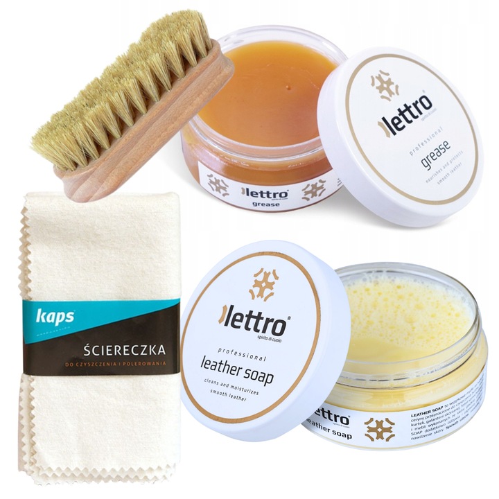 Set de ingrijire si curatare a incaltamintei din piele, Lettro, 4 in 1, laveta de bumbac 30x33, perie de lustruit, vaselina 100 ml, sapun de piele 100 ml, impregnare, protectie impotriva apei, hranire a pielii, incolor, ingrediente naturale, fara