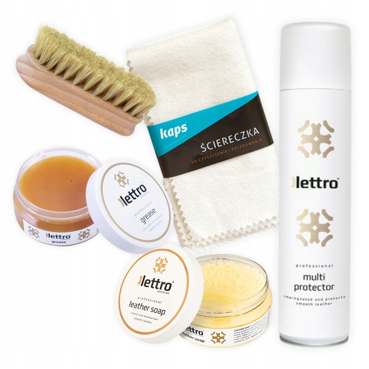 Set de ingrijire si curatare a incaltamintei din piele, Lettro, set 5 in 1, 100 ml sapun, 100 ml grasime, 400 ml impregnare, laveta 30x33 cm, perie de lustruit, protectie impotriva apei, impregnare, balsam pentru piele, curatare eficienta, ingrediente